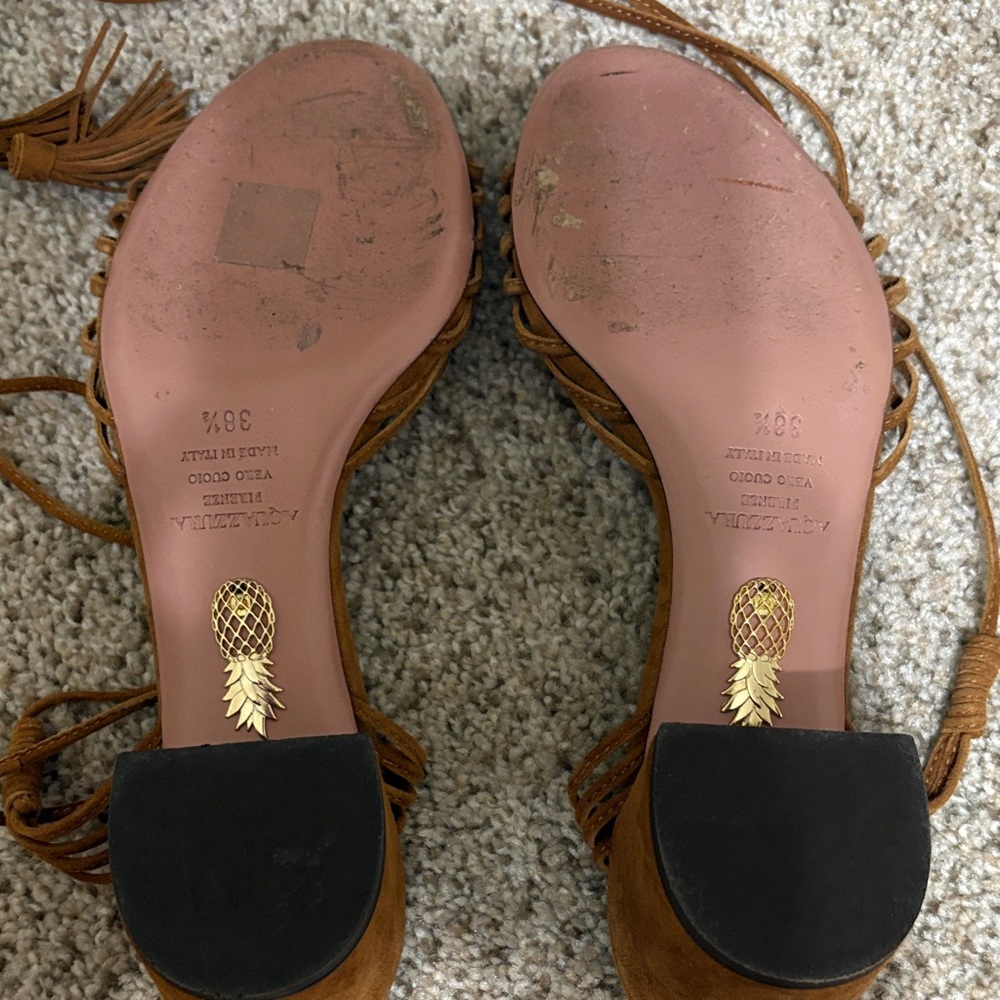 Aquazzura Tan Suede Block Heel Sandal with Ankle Tie - Size 38.5 - Picture 4 of 6